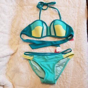 Green Yellow Bikini Bathing Suit Xs New Colorblock